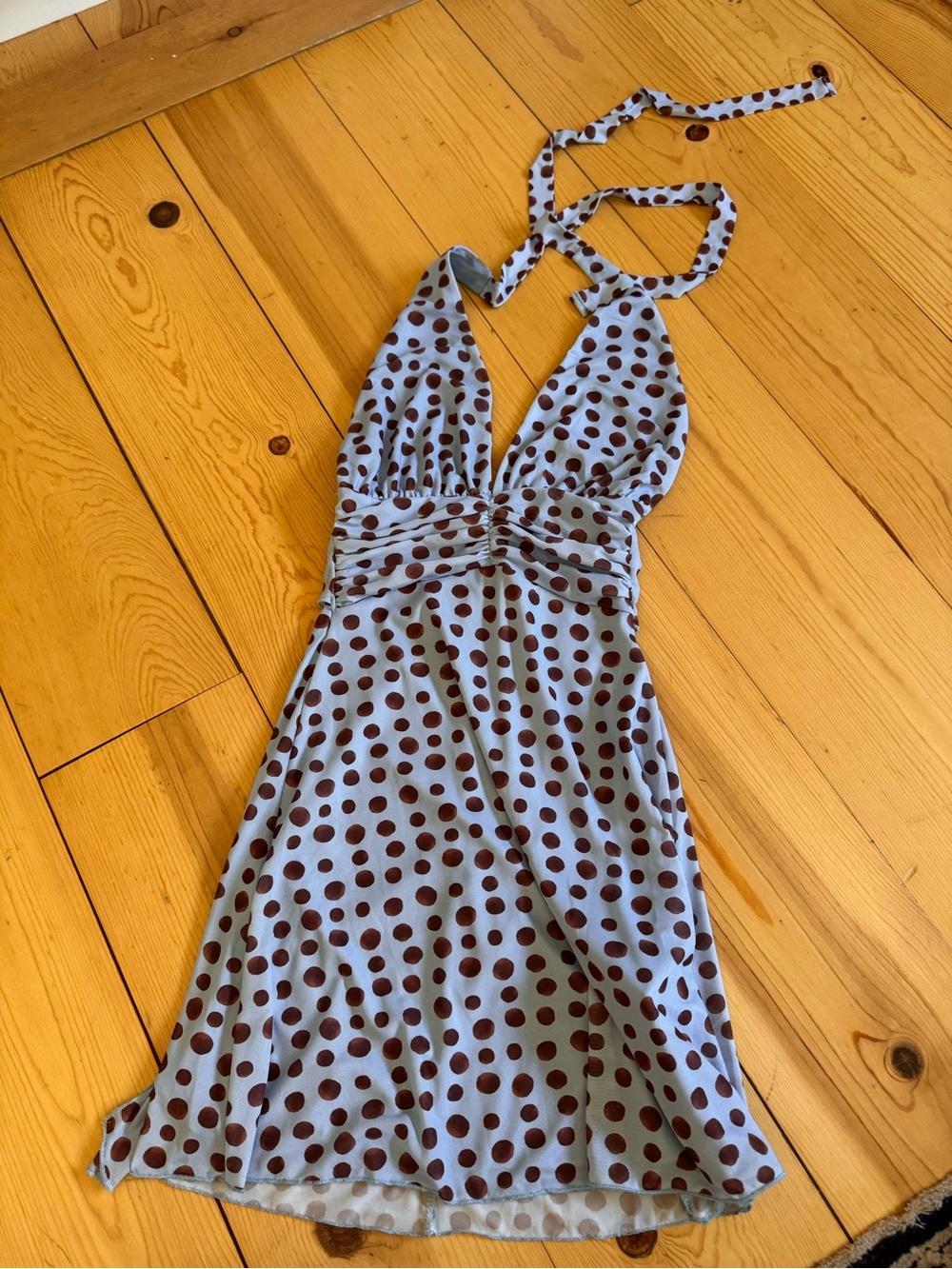 Light blue and brown polka dot halter dress